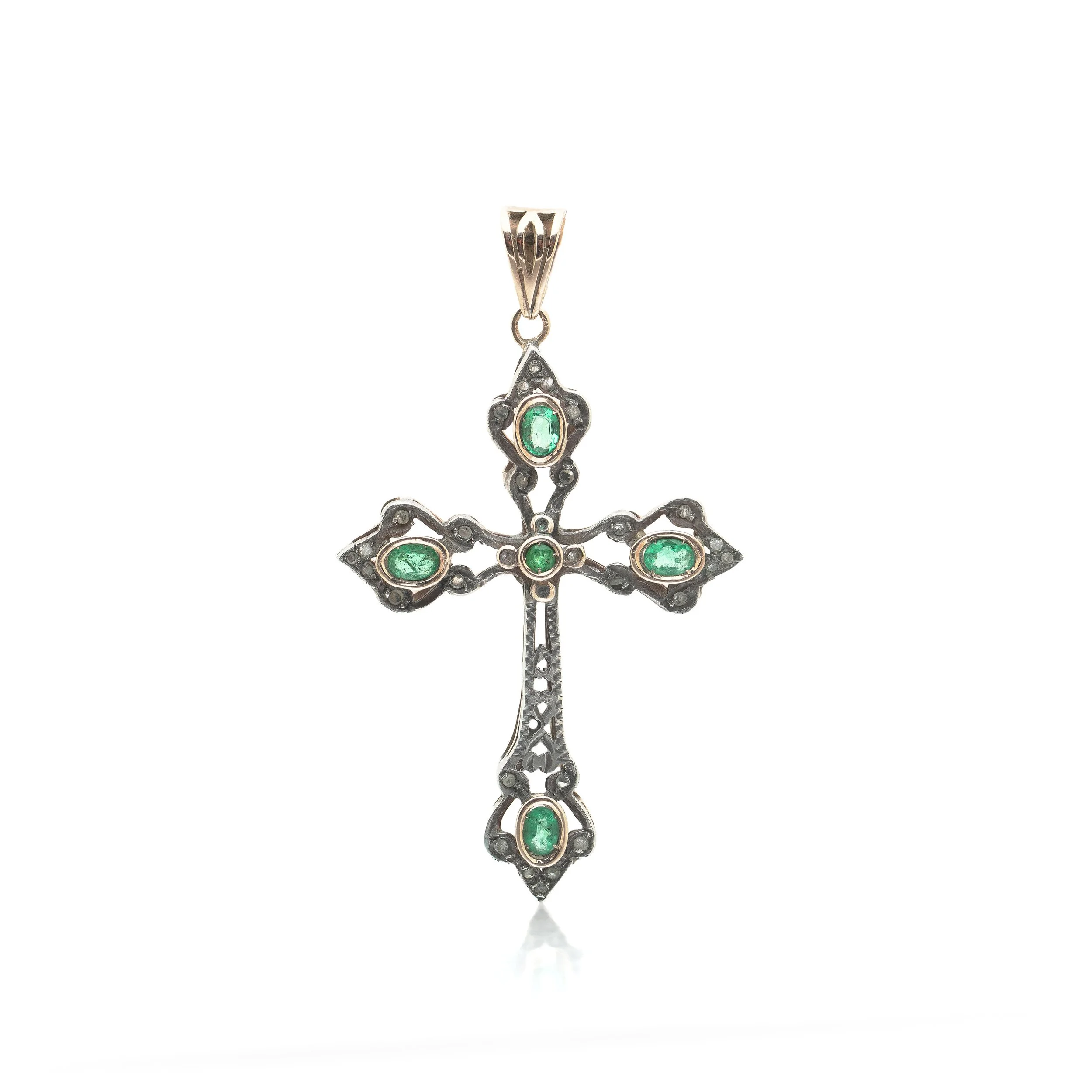 Victorian Emerald and Diamond Cross Pendant, Silver on 9KT Gold