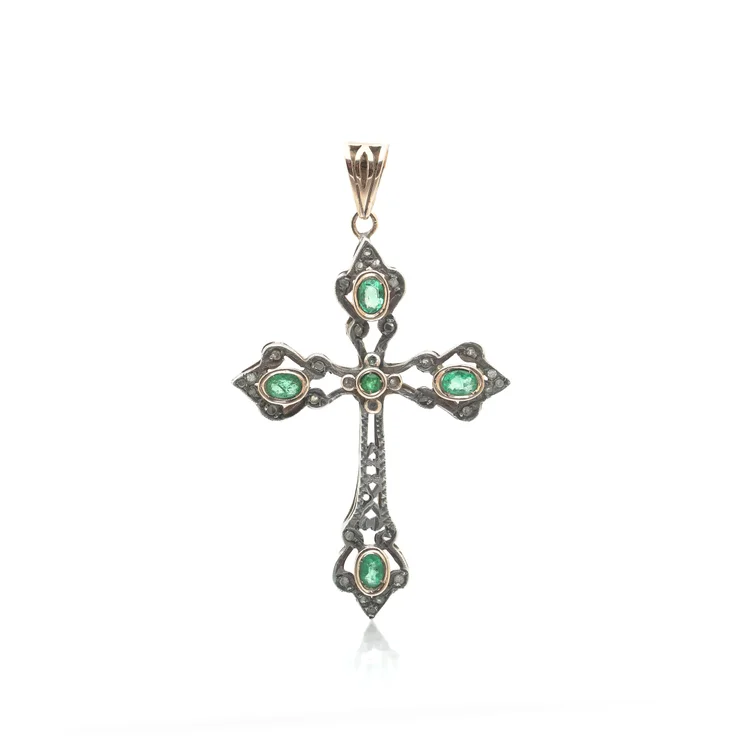 Victorian Emerald and Diamond Cross Pendant, Silver on 9KT Gold
