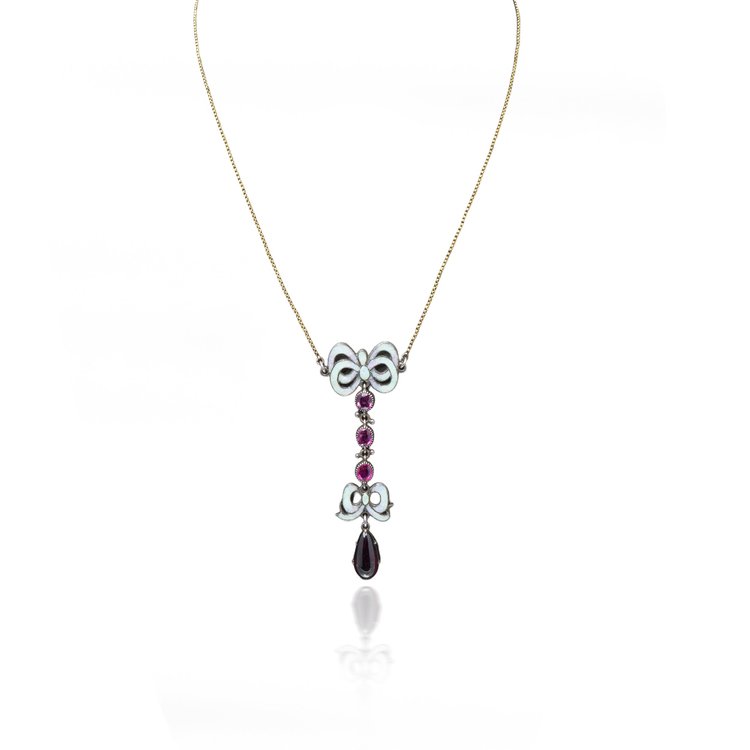Antique Opalescent Enamel, Ruby and Garnet Negligee Necklace, Silver and 18KT Gold, Boxed