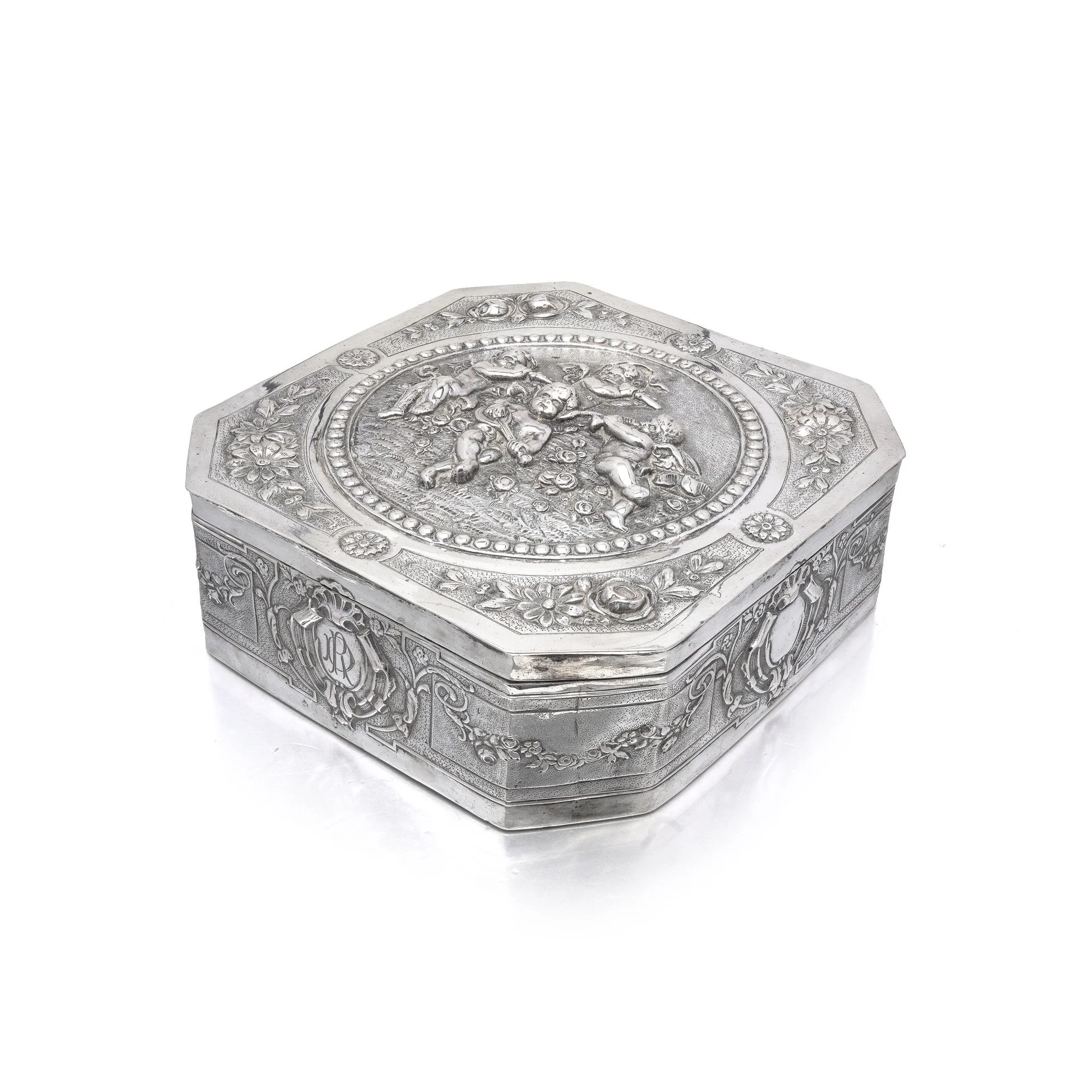 Antique German Hanau .800 Silver Casket, Repoussé Putti, Gilt Interior, Dated 1924
