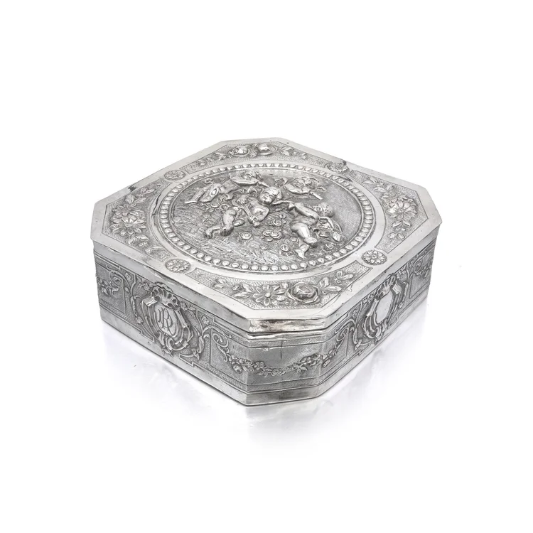 Antique German Hanau .800 Silver Casket, Repoussé Putti, Gilt Interior, Dated 1924