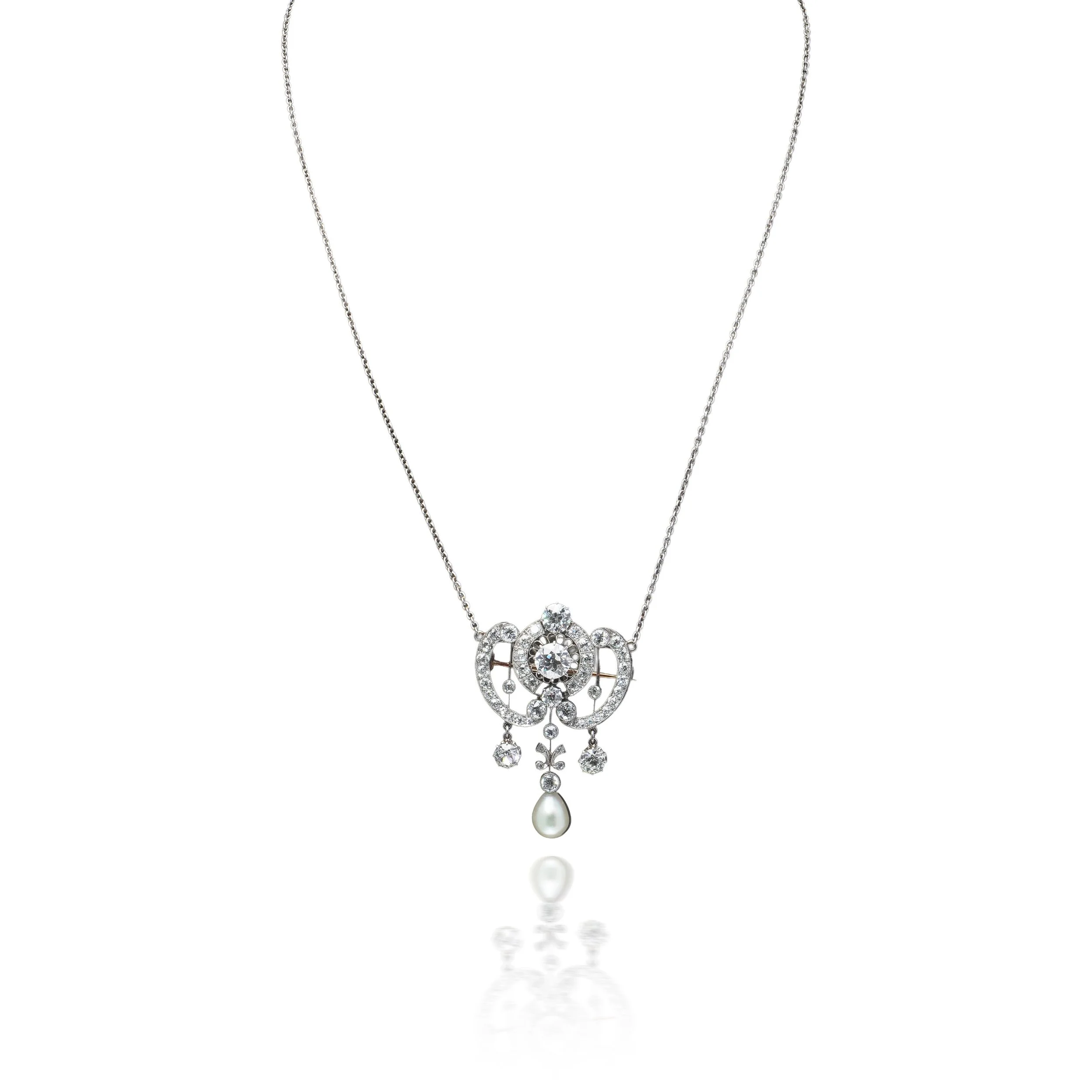 Edwardian Diamond and Pearl Pendant Brooch Necklace, Platinum, 6ct