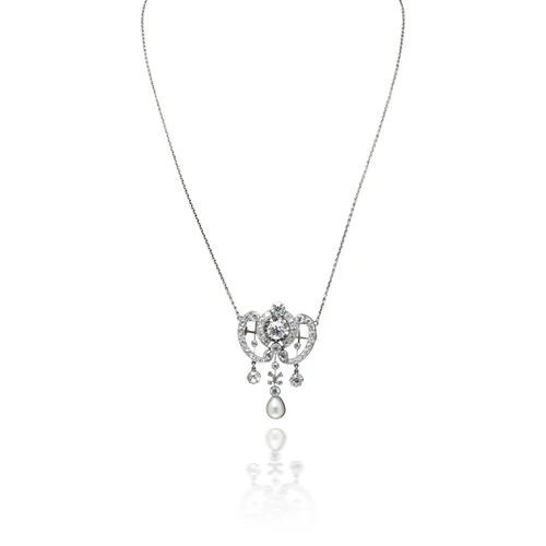 Edwardian Diamond and Pearl Pendant Brooch Necklace, Platinum, 6ct