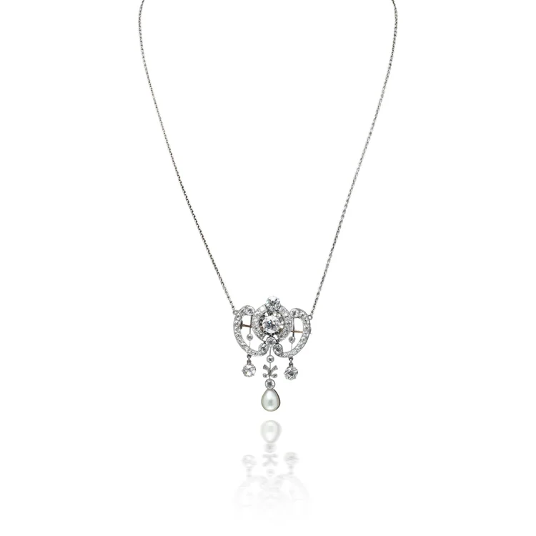 Edwardian Diamond and Pearl Pendant Brooch Necklace, Platinum, 6ct