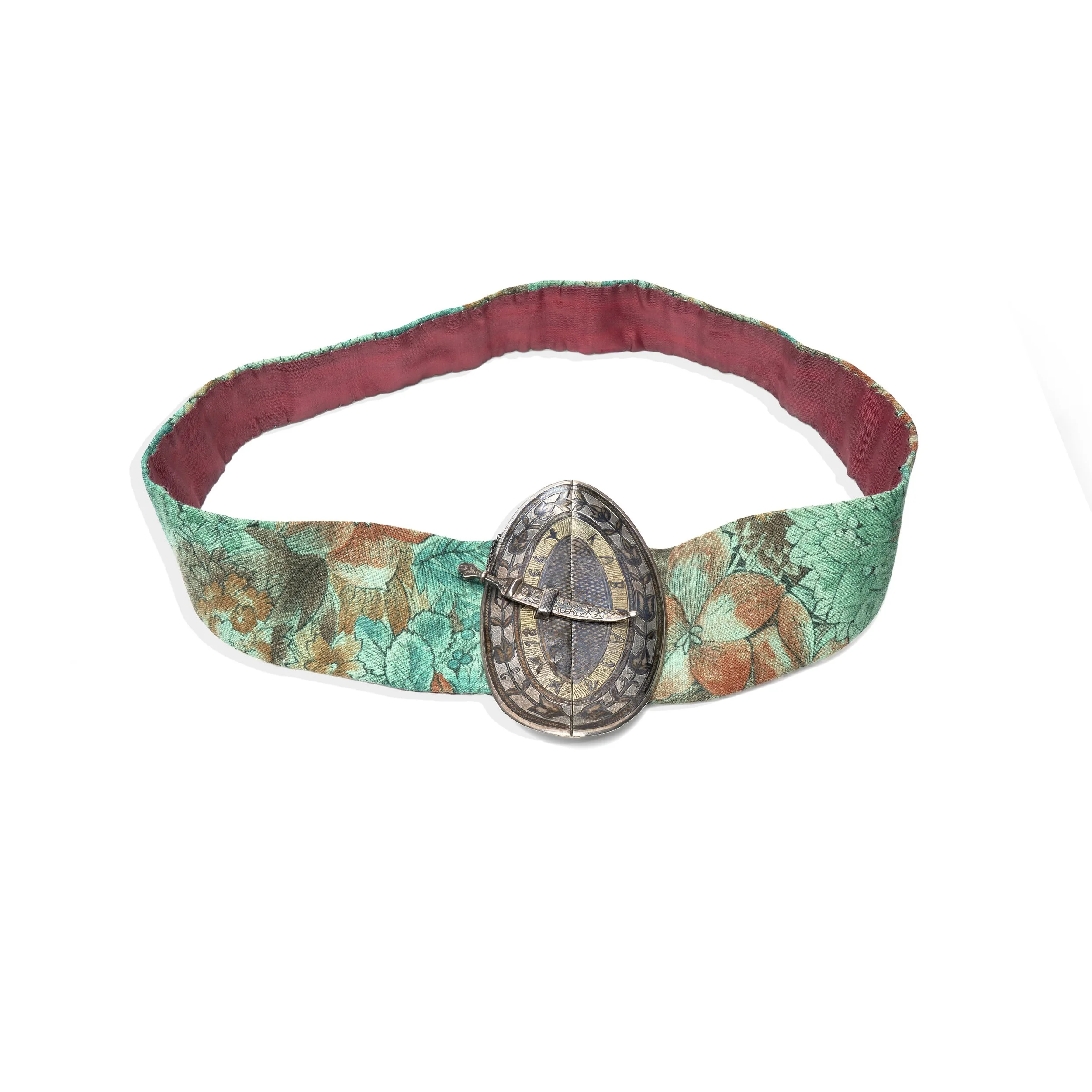 Russian Niello Silver Belt Buckle, Kavkaz 1869, 84 Zolotnik, on a Silk Belt