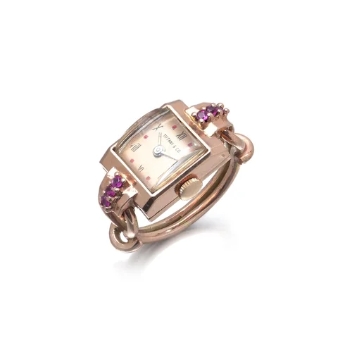 Tiffany & Co. 14KT Rose Gold Ruby Cocktail Ring Watch, Wyler Movement, Circa 1960s