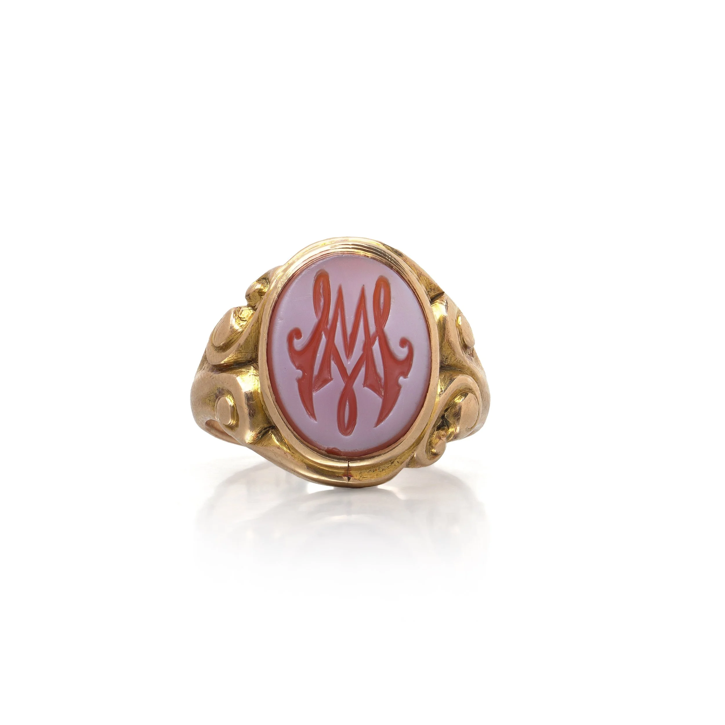 Victorian 15KT Gold Carnelian Intaglio Monogram Signet Ring, Size UK L½