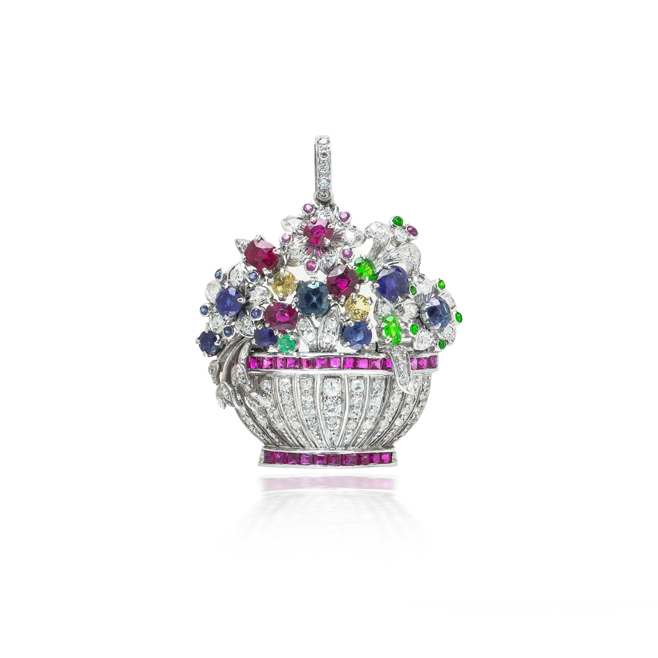 Giardinetto Multi Gem Diamond Flower Basket Brooch Pendant, Platinum, Circa 1940s