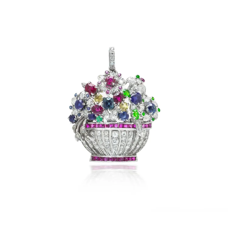 Giardinetto Multi Gem Diamond Flower Basket Brooch Pendant, Platinum, Circa 1940s