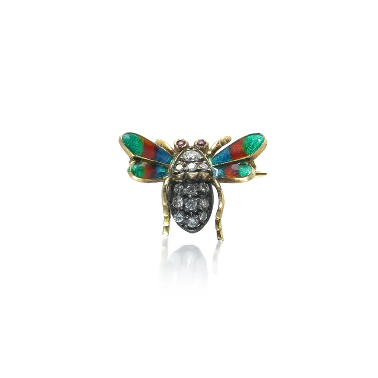 Victorian Miniature Enamel and Diamond Bee Brooch, Gold and Silver, Circa 1880s