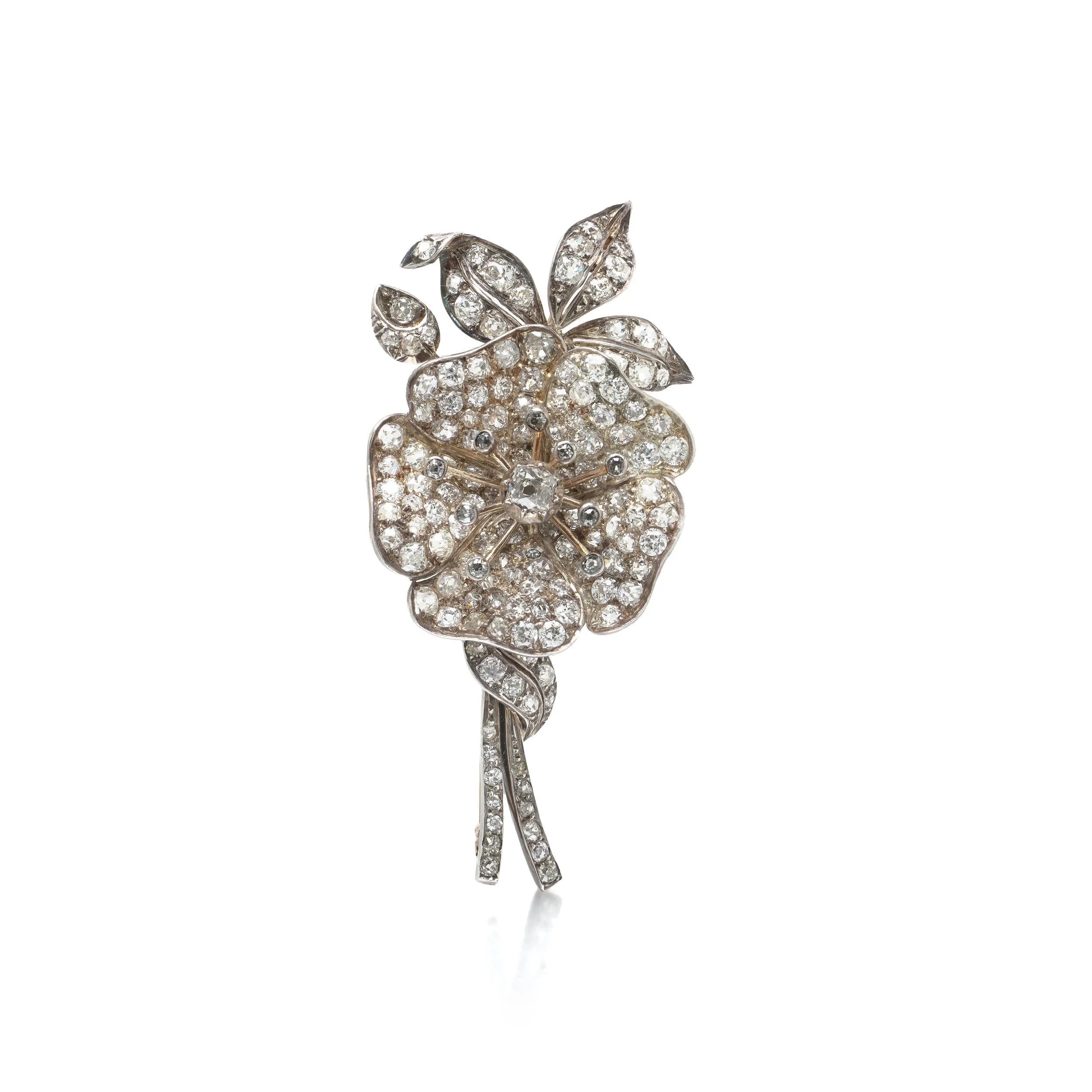 Victorian Diamond En Tremblant Flower Brooch, Silver on 9KT Gold, Boxed