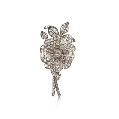 Victorian Diamond En Tremblant Flower Brooch, Silver on 9KT Gold, Boxed