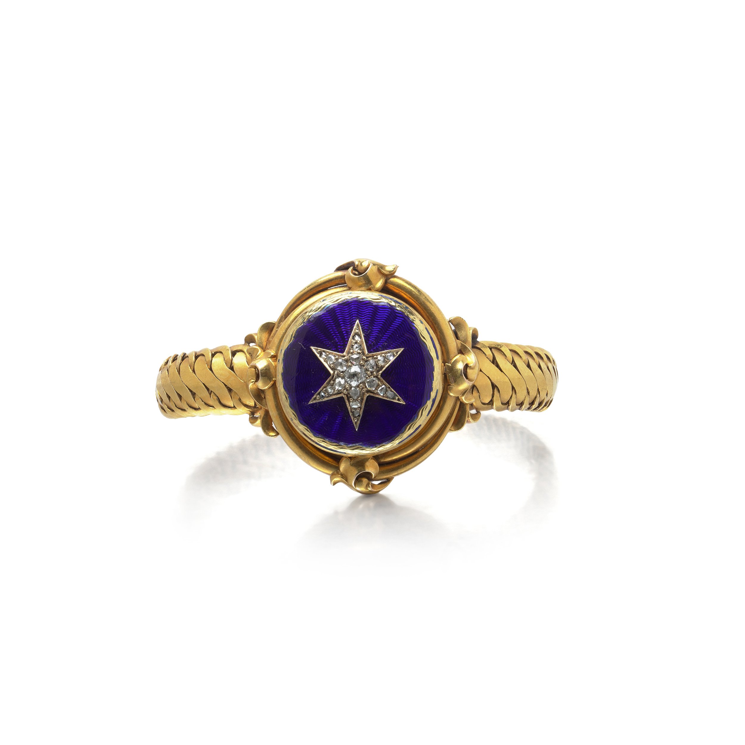 Victorian 20 Karat Gold Blue Enamel Diamond Star Locket Bracelet, Circa 1880s