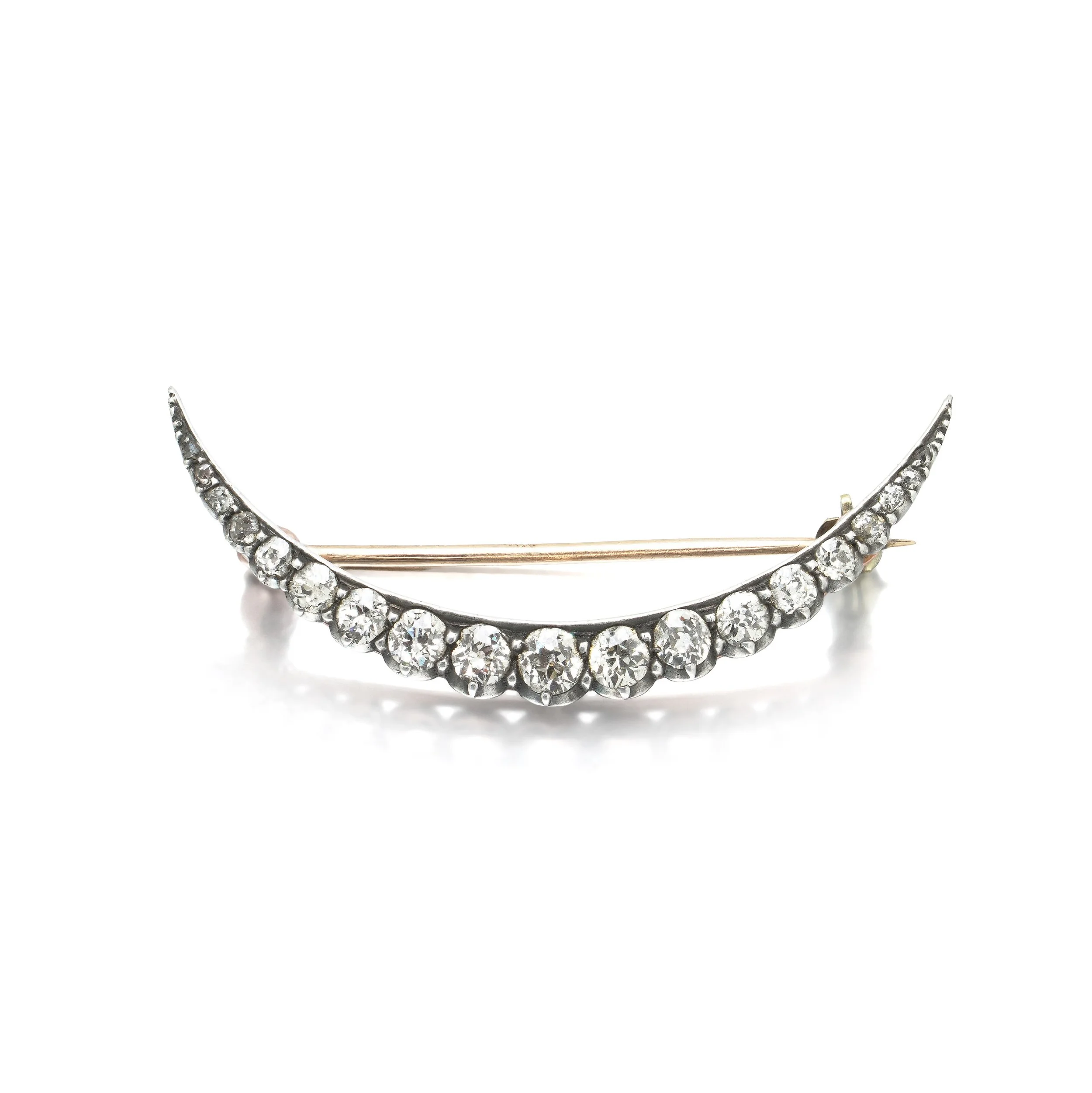 Victorian 15KT Gold and Silver Diamond Crescent Brooch, 1.5ct