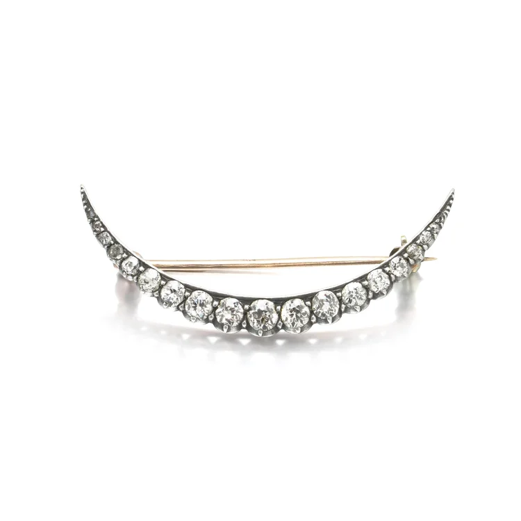 Victorian 15KT Gold and Silver Diamond Crescent Brooch, 1.5ct