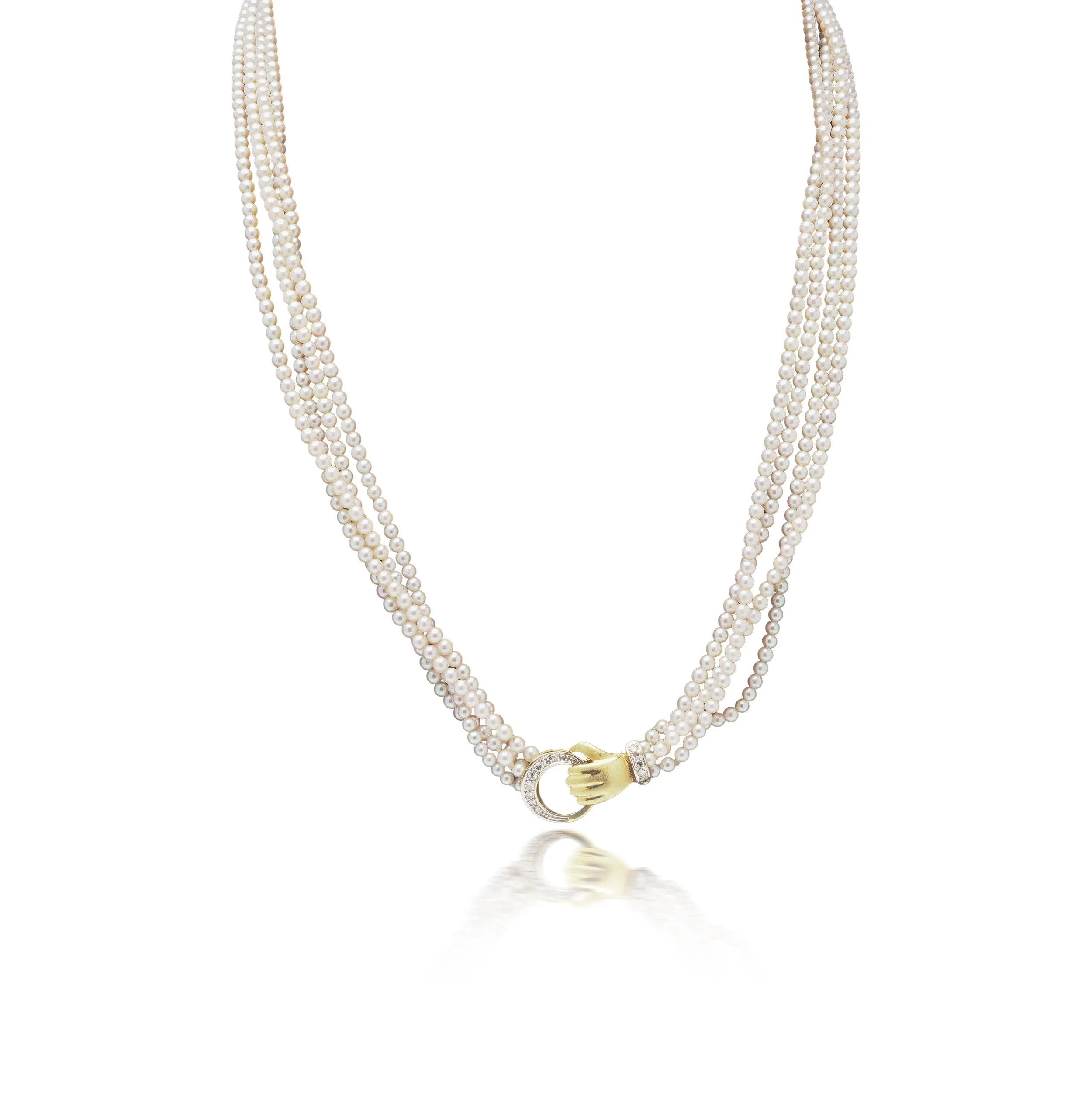 Vintage 18KT Gold Seed Pearl Multi Strand Necklace with Diamond Hand Clasp