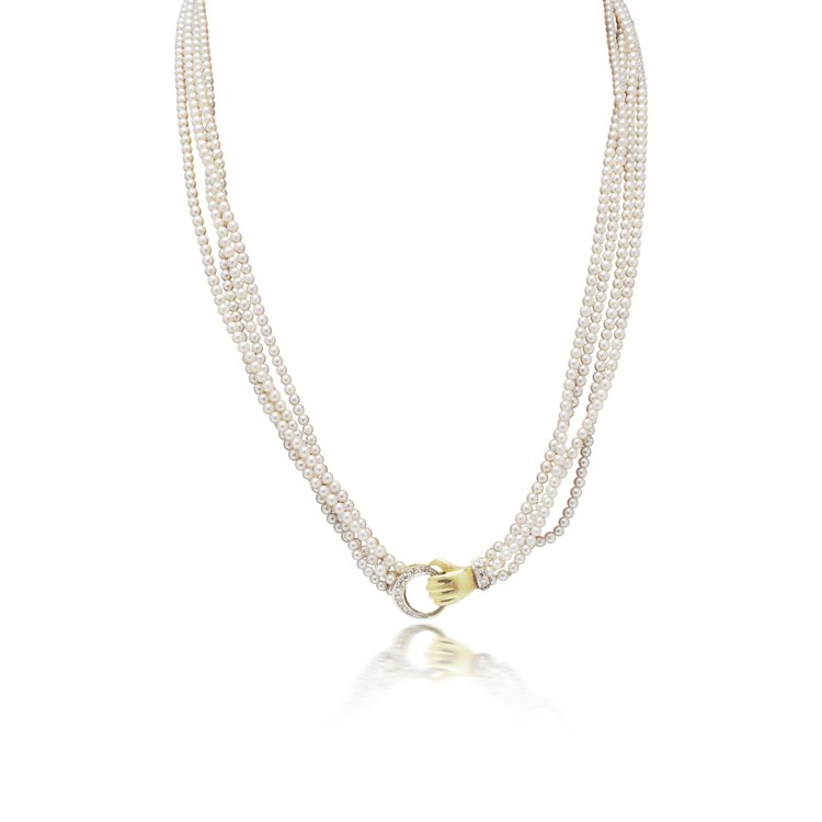 Vintage 18KT Gold Seed Pearl Multi Strand Necklace with Diamond Hand Clasp