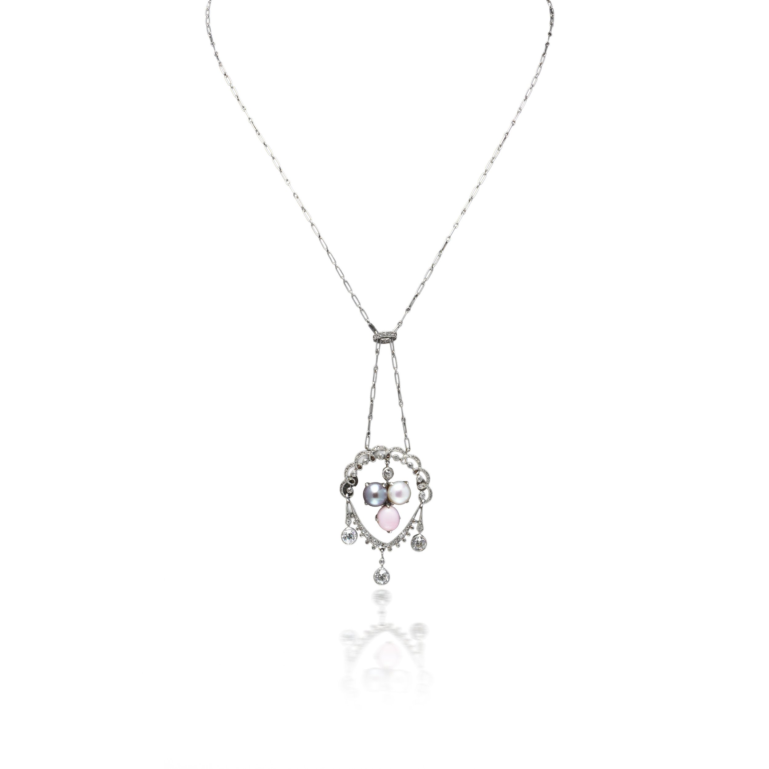 Belle Époque Conch Pearl and Diamond Pendant Necklace, Platinum, Circa 1910