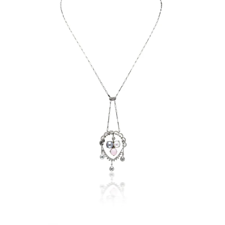 Belle Époque Conch Pearl and Diamond Pendant Necklace, Platinum, Circa 1910