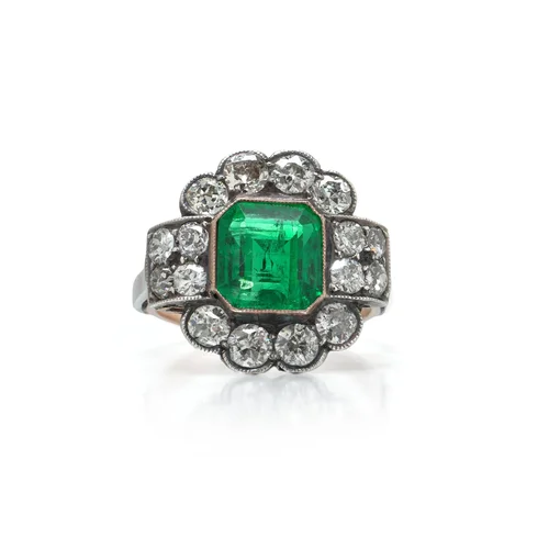 Victorian Colombian Emerald and Diamond Cluster Ring, 9KT Gold and Silver