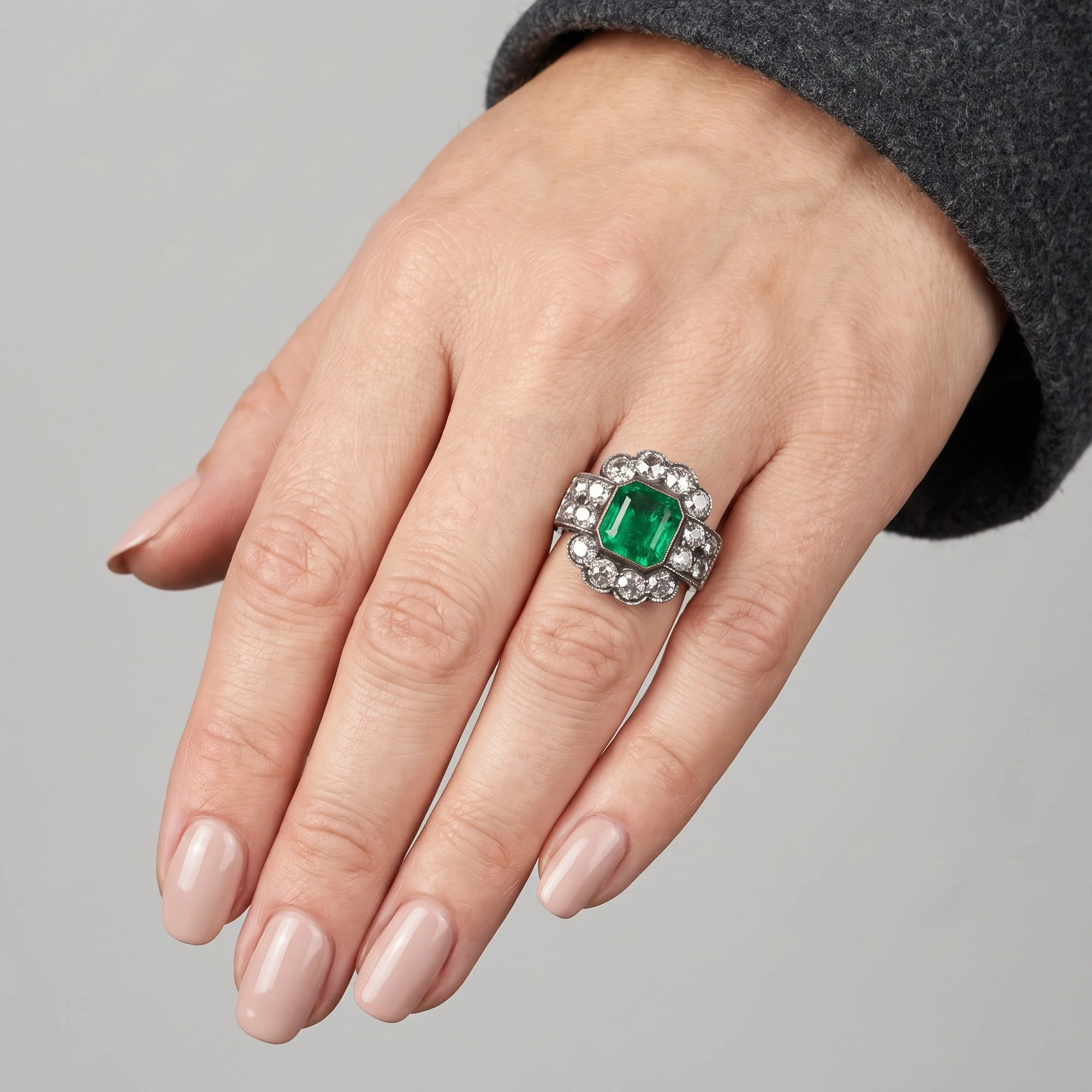 Emerald-and-Old-Cut-Diamond-Cluster-Ring-99-worn.jpg