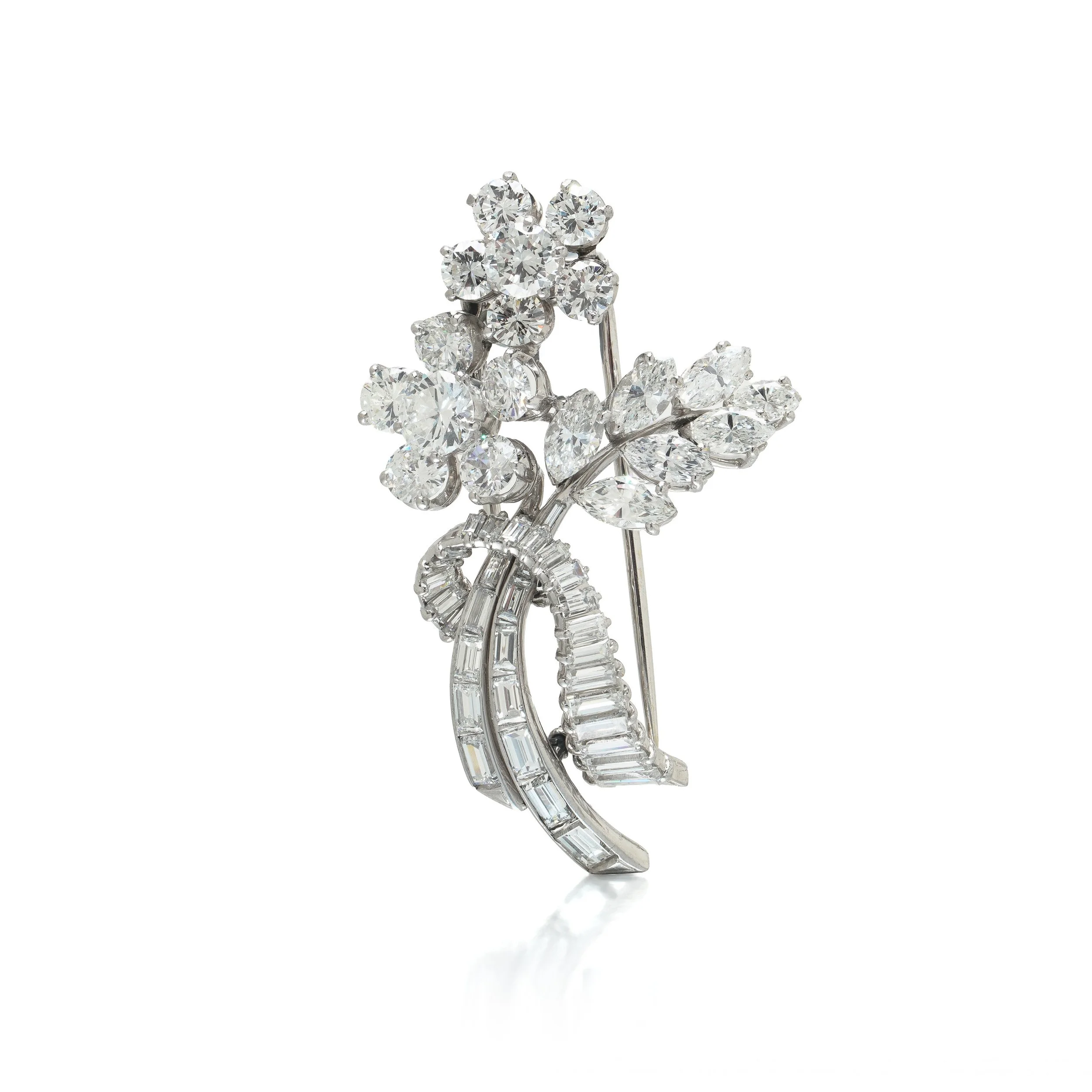 Diamond Floral Spray Brooch, Platinum