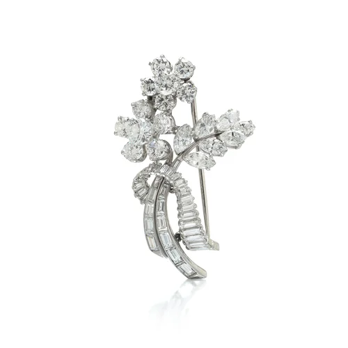 Diamond Floral Spray Brooch, Platinum