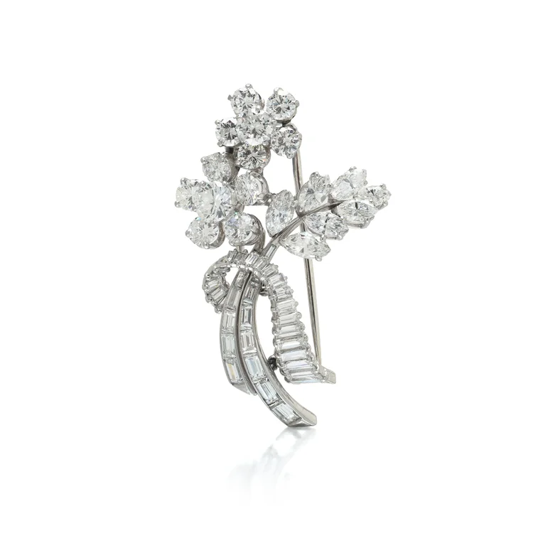 Diamond Floral Spray Brooch, Platinum