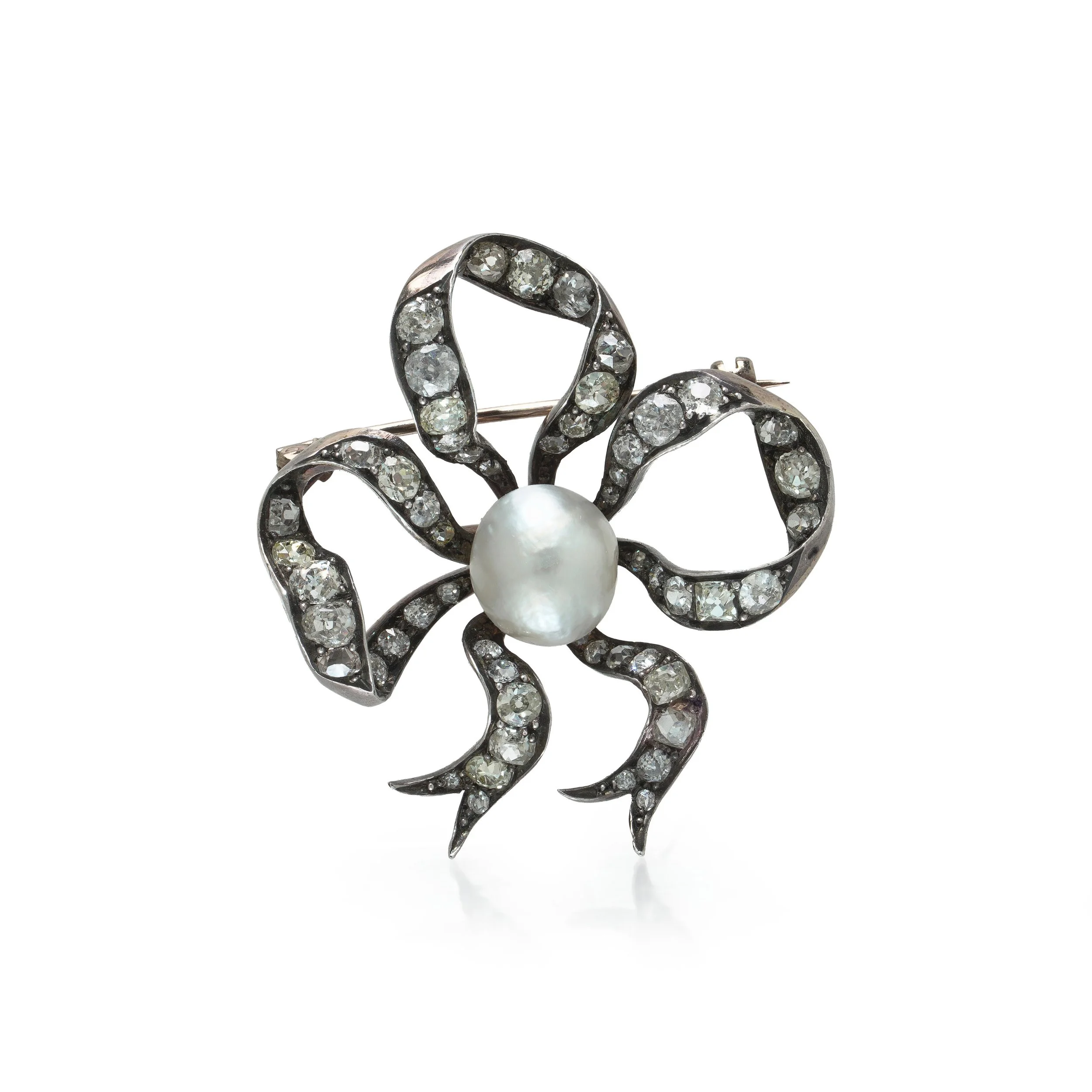 Victorian Natural Pearl and Diamond Bow Brooch