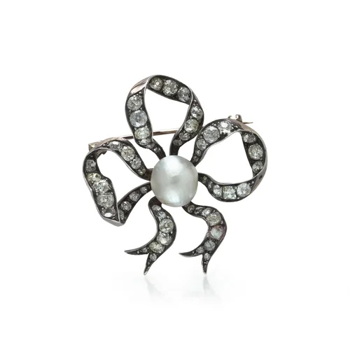 Victorian Natural Pearl and Diamond Bow Brooch