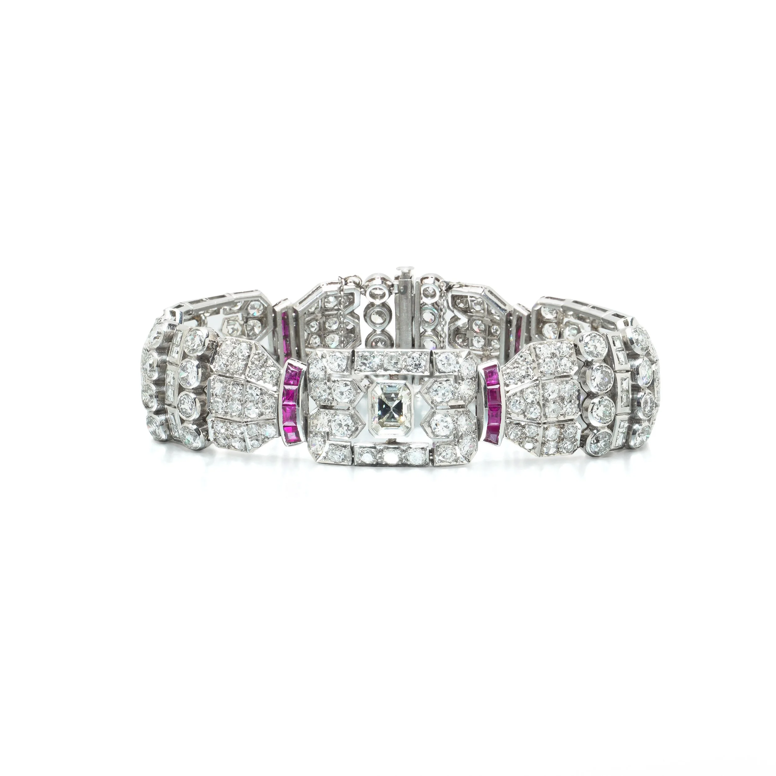 Art Deco Diamond and Pink Sapphire Bracelet, Platinum