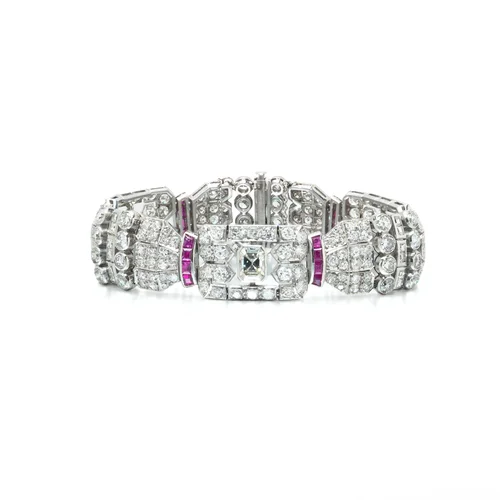 Art Deco Diamond and Pink Sapphire Bracelet, Platinum