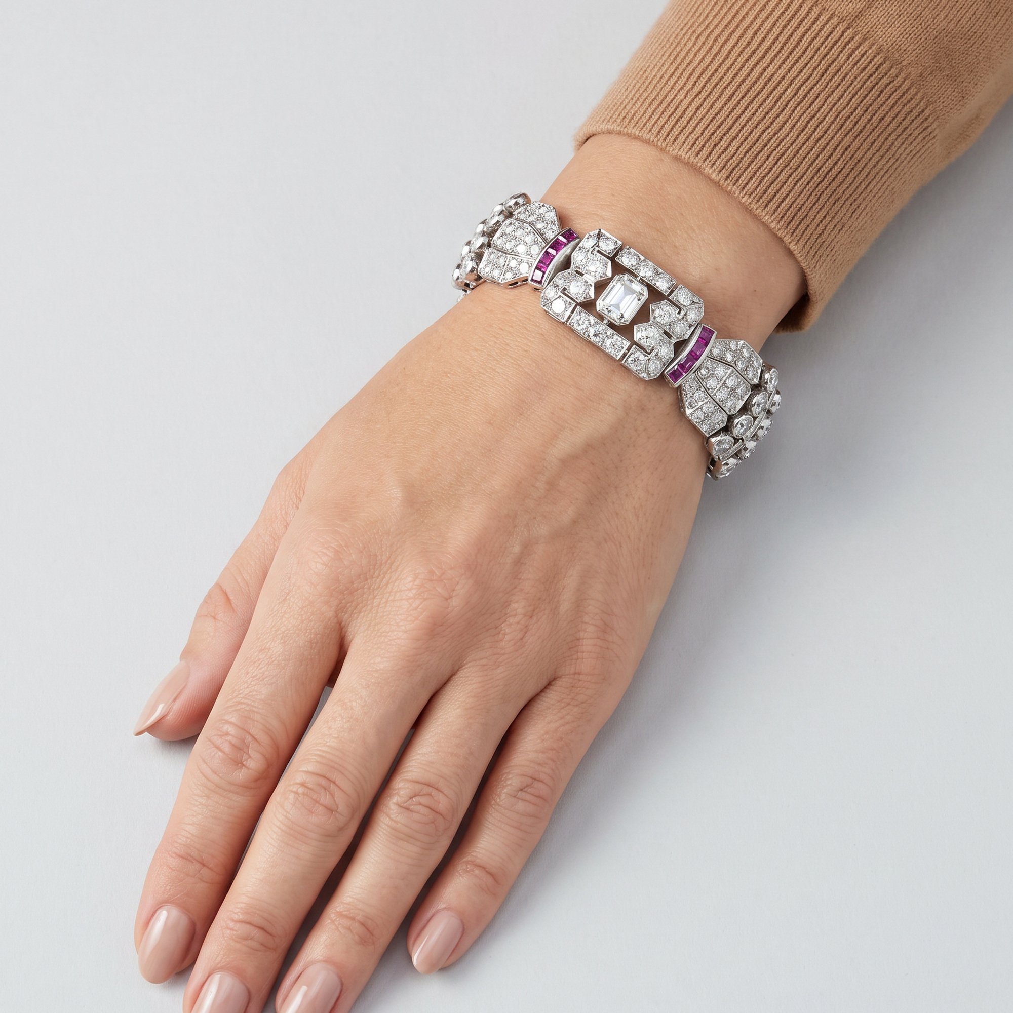 Art-Deco-Diamond-and-Pink-Sapphire-Bracelet-Platinum-99-worn.jpg