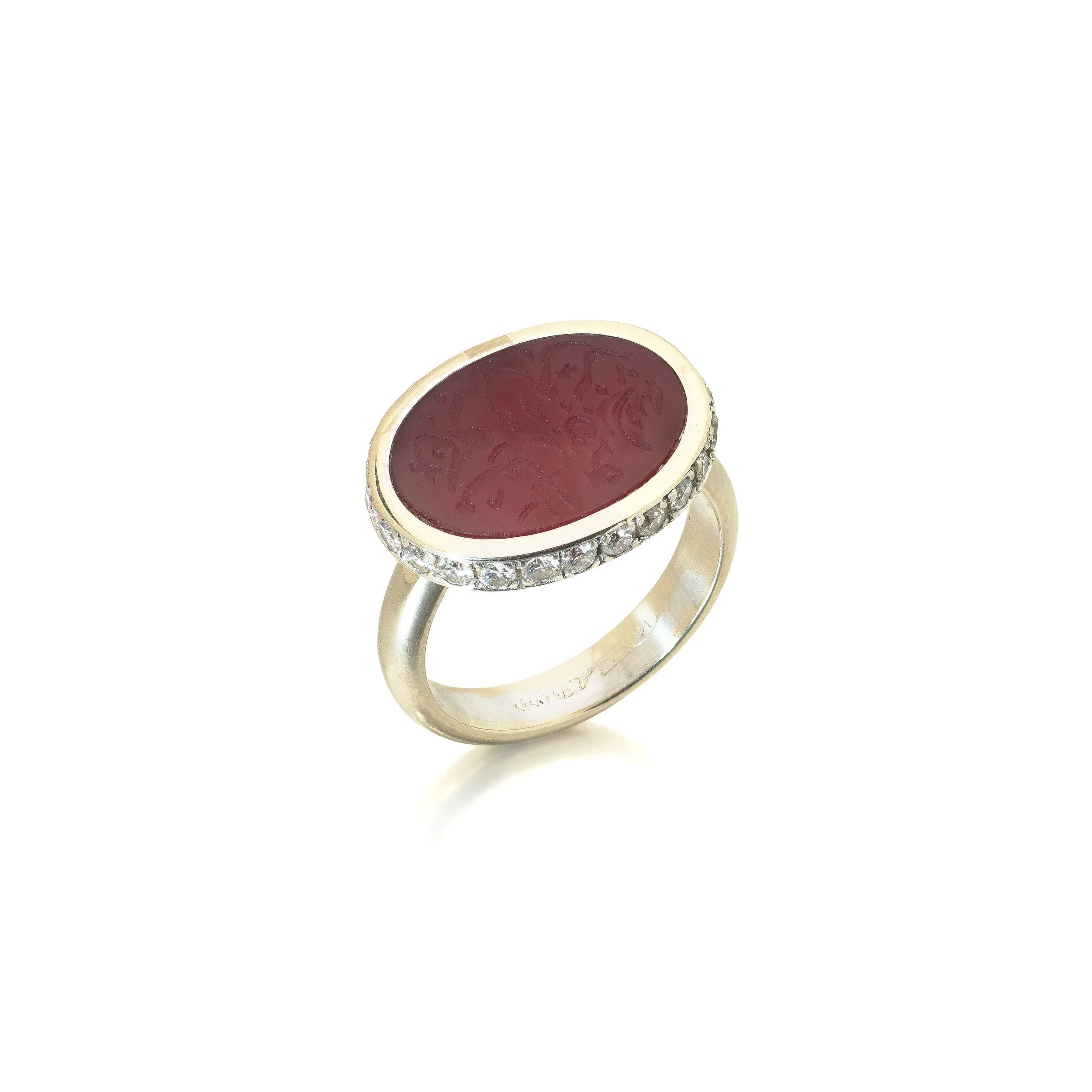 18KT Gold Carnelian Arabic Intaglio and Diamond Signet Ring