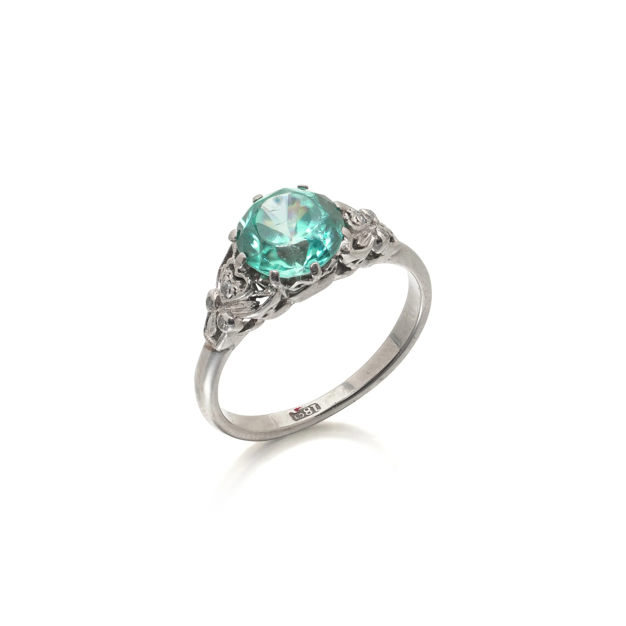Vintage 1950s Blue Zircon and Diamond Ring, 18KT White Gold