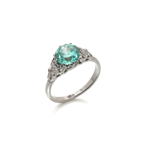 Vintage 1950s Blue Zircon and Diamond Ring, 18KT White Gold