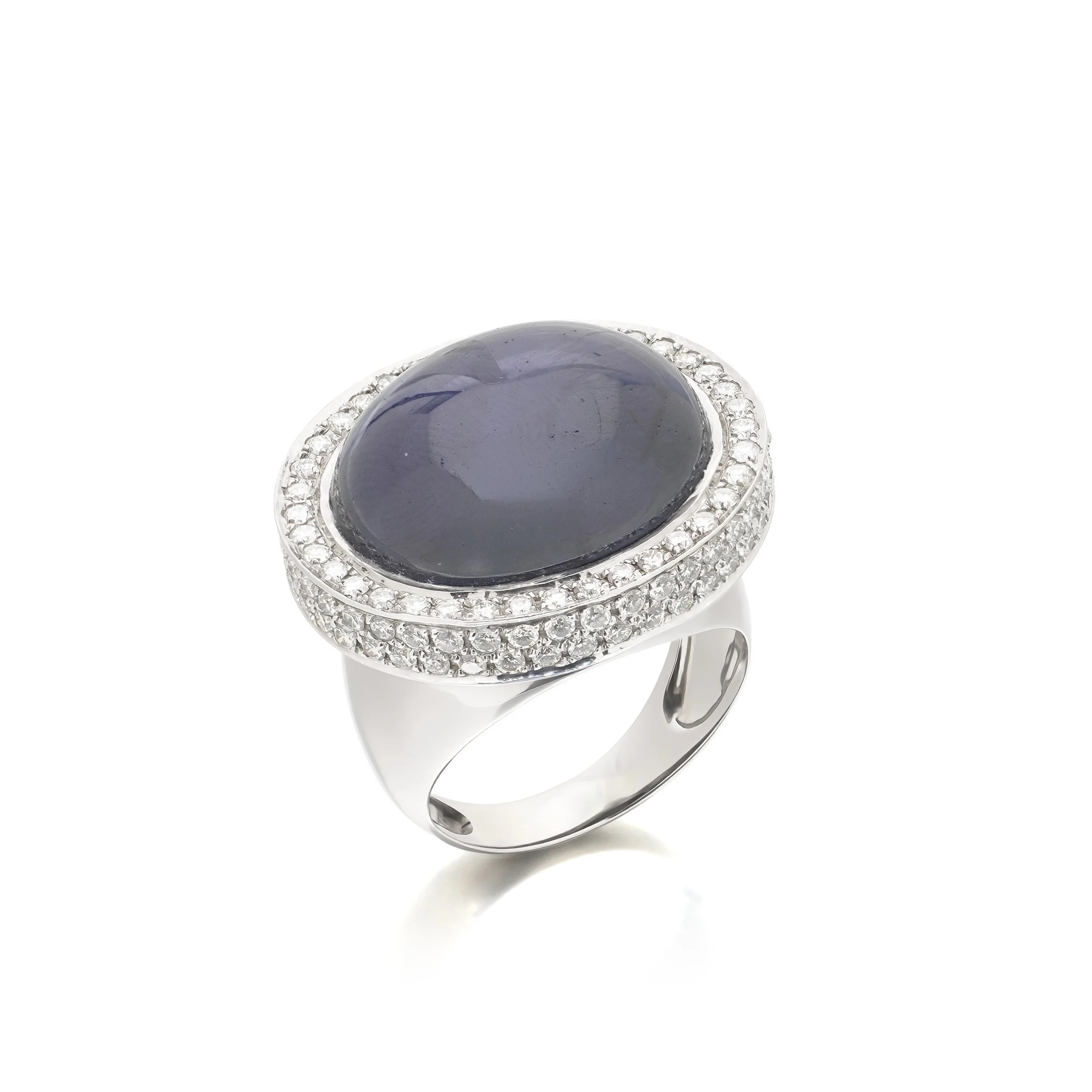 Vintage 23 Carat Sapphire Cabochon and Diamond Dome Ring, 18KT White Gold