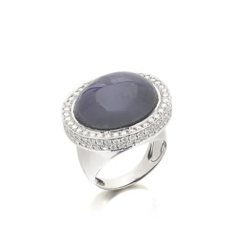 Vintage 23 Carat Sapphire Cabochon and Diamond Dome Ring, 18KT White Gold