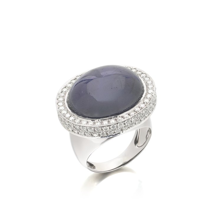 Vintage 23 Carat Sapphire Cabochon and Diamond Dome Ring, 18KT White Gold