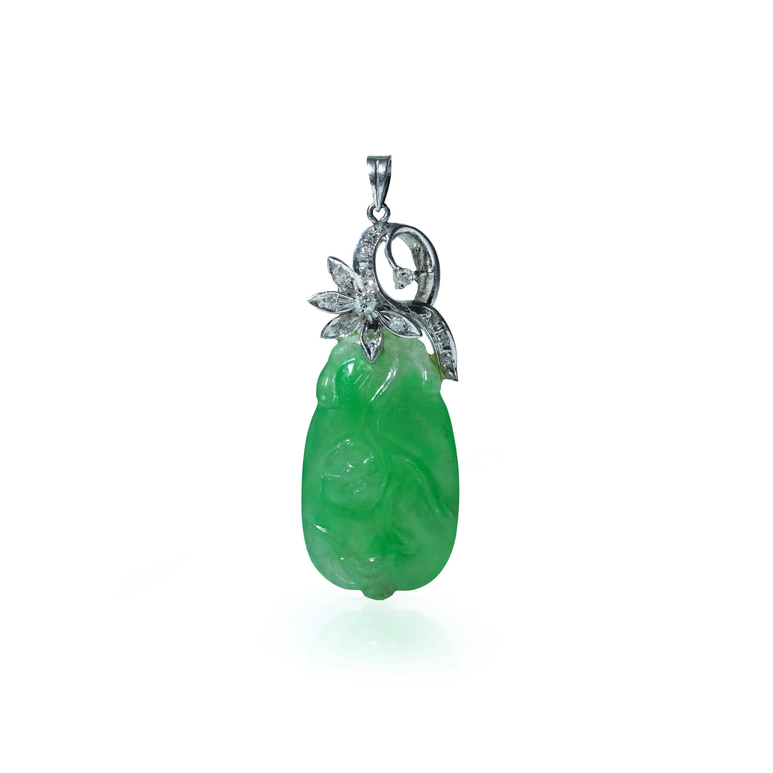 Vintage Natural Carved Jade and Diamond Pendant, Silver Mount