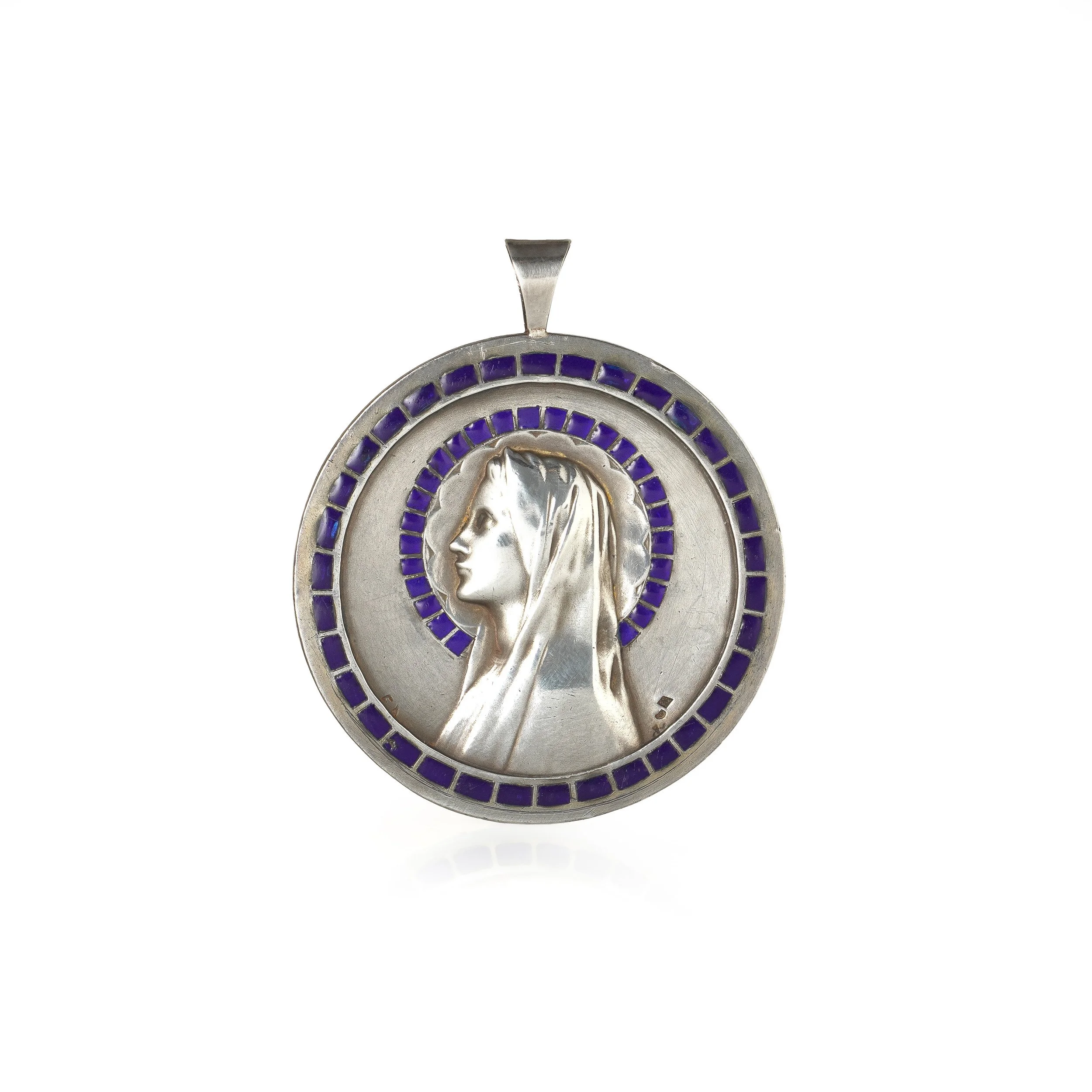 Vintage French Silver Virgin Mary Medal Pendant, Blue Plique-à-Jour Enamel