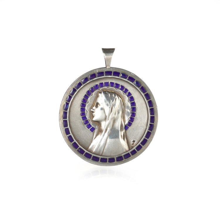 Vintage French Silver Virgin Mary Medal Pendant, Blue Plique-à-Jour Enamel