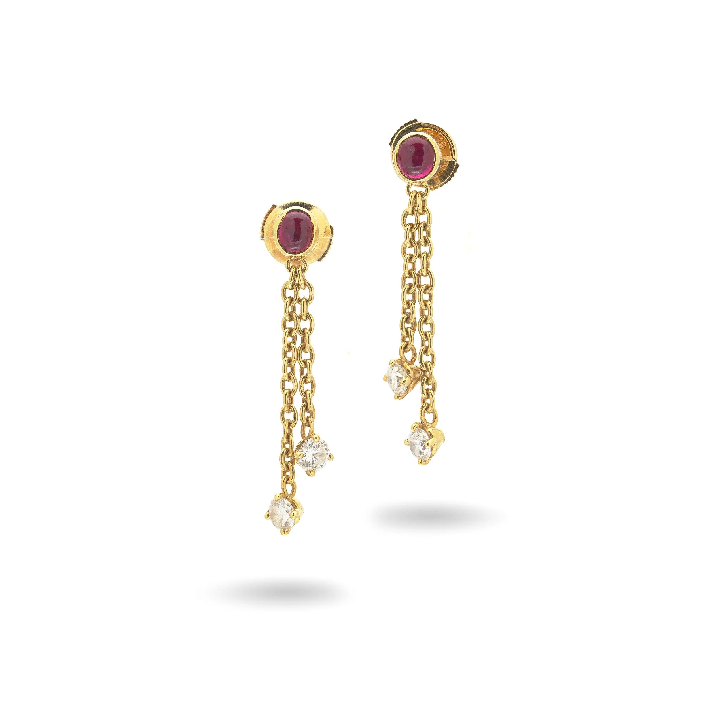 Ruby Cabochon and Diamond Drop Earrings, 18KT Yellow Gold