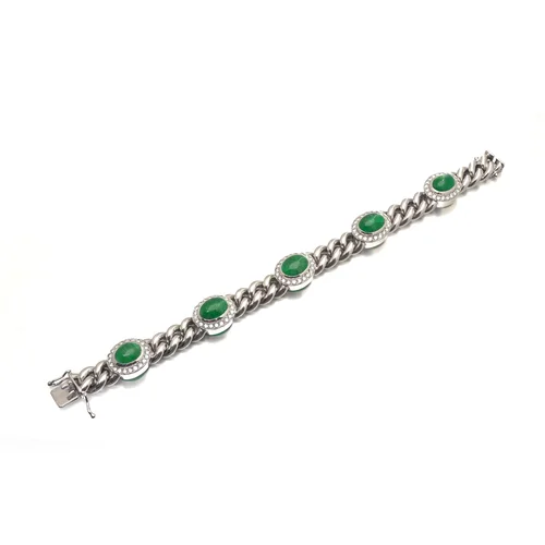 Natural Emerald Cabochon and Diamond Curb Link Bracelet, 18KT White Gold