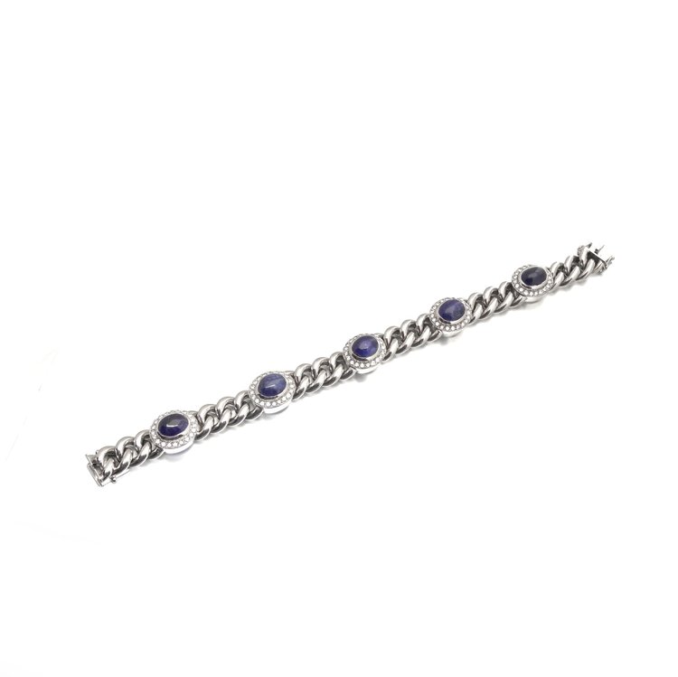 Natural Sapphire Cabochon and Diamond Curb Link Bracelet, 18KT White Gold