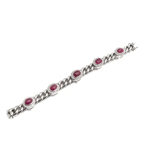 Natural Ruby Cabochon and Diamond Curb Link Bracelet, 18KT White Gold