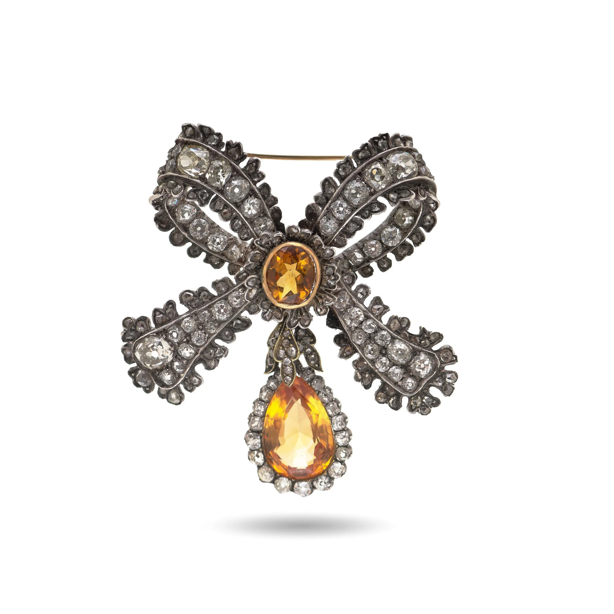 Antique Victorian Diamond and Citrine Bow Brooch, Silver and Gold, Circa 1870