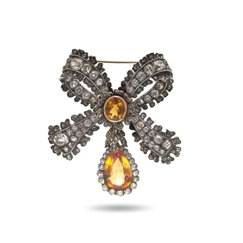Antique Victorian Diamond and Citrine Bow Brooch, Silver and Gold, Circa 1870