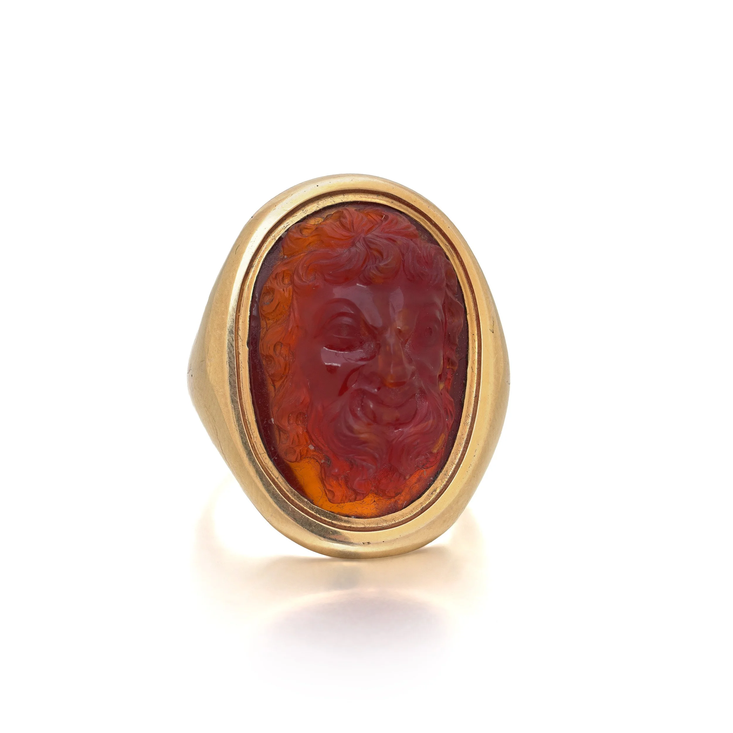 Victorian Carnelian Cameo Ring, Carved Bacchic Mask in 19th Century Gold
