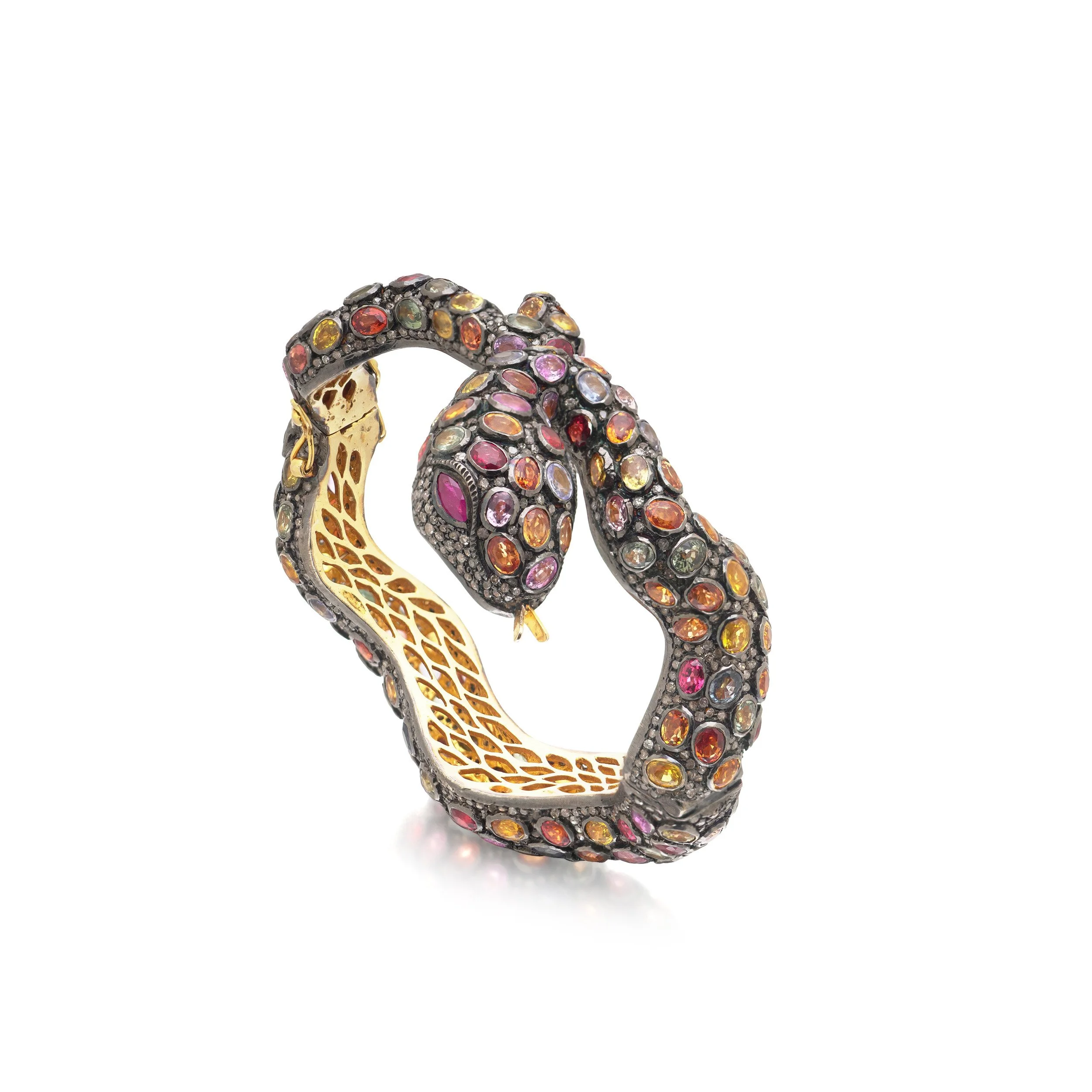 Serpent Bangle in Silver and Silver Gilt, Multi Coloured Sapphires and Rose Cut Diamonds